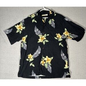 Tommy Bahama Hawaiian Shirt Mens Size Large Black Hibiscus AOP Floral Palms Silk